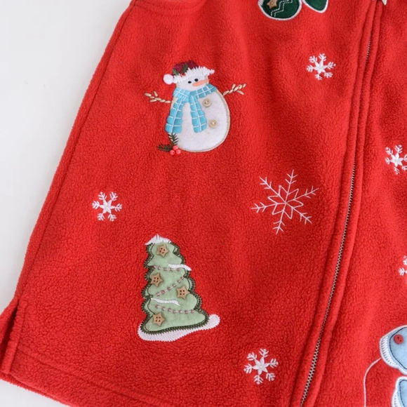 Vintage Denver Hayes Red Embroidered Snowman Festive Fleece Zip Sweater Vest L - Picture 6 of 9